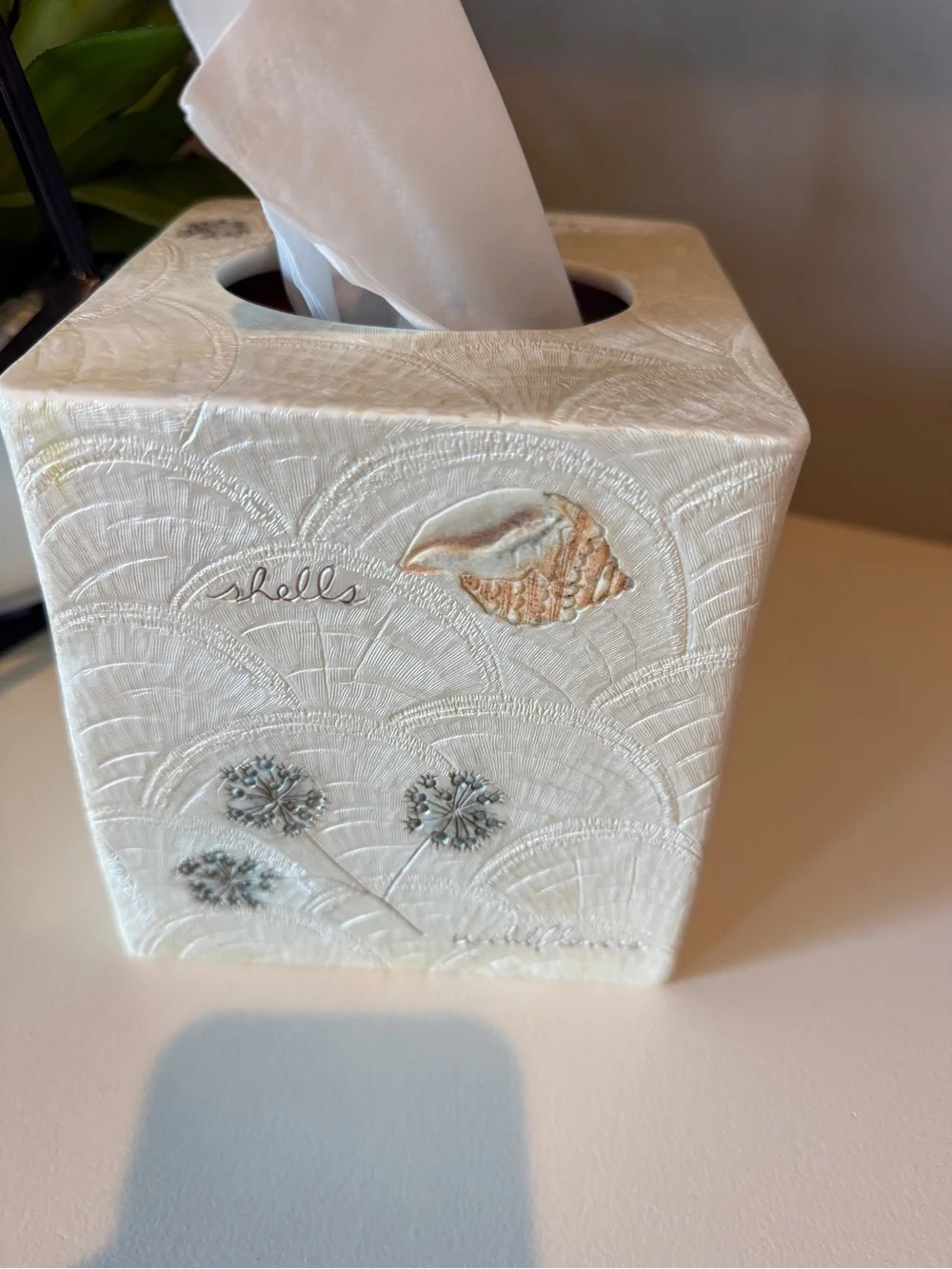 Vintage tissue box cover coastal, beach,lake hand painted seashells & wildflower